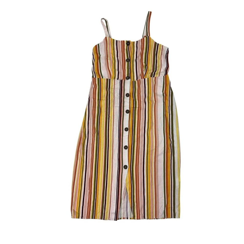 Cotton On Striped Button Front Midi Summer Dress Multicolor Linen Blend Size XL - Picture 2 of 9
